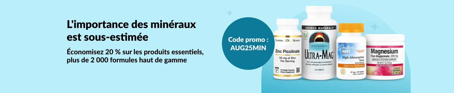 Bannière promotionnelle offrant 20 % de réduction sur plus de 2 000 compléments minéraux avec le code AUG25MIN, mettant en avant les images des meilleurs produits.