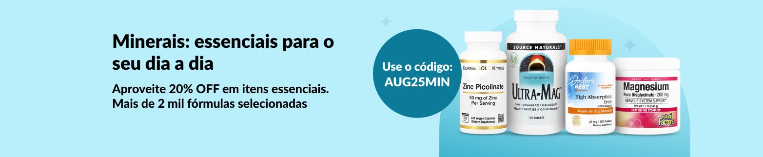 Banner promocional com 20% OFF em mais de 2 mil suplementos minerais usando o código AUG25MIN, apresentando imagens dos principais produtos.
