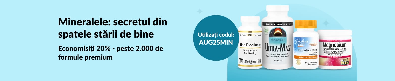 Banner promoțional cu -20% la peste 2.000 de suplimente cu minerale cu codul AUG25MIN, cu imagini ale produselor de top.
