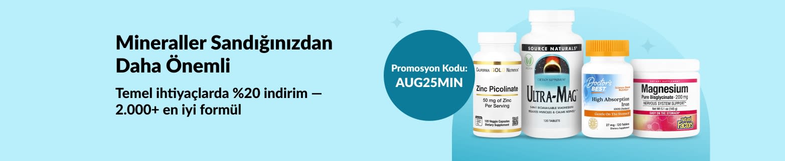 Kod AUG25MIN ile 2.000’den fazla mineral takviyesinde %20 indirim! Öne çıkan ürün görselleriyle.