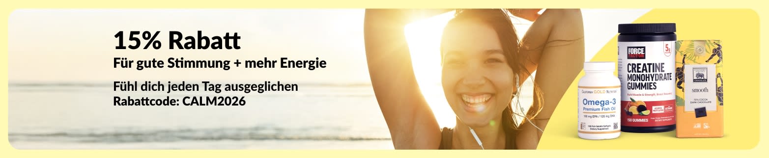 Banner: 15 % Rabatt auf Nahrungsergänzungsmittel für bessere Stimmung und mehr Energie, lächelnde Frau am Strand, mit Omega-3- und Kreatinprodukten, Code CALM2026.