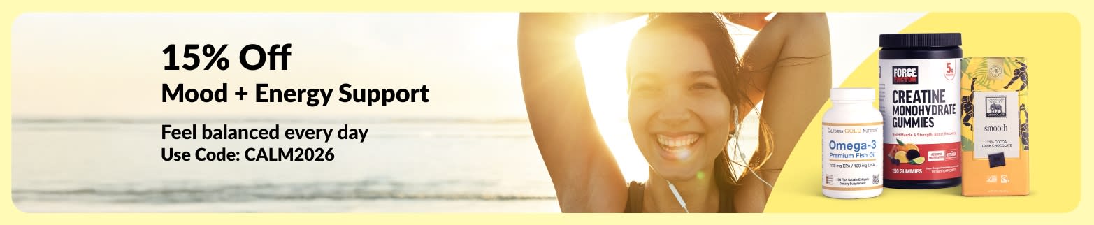 Banner for 15% off mood and energy support supplements, woman at beach, with Omega-3 and creatine products, code CALM2026.