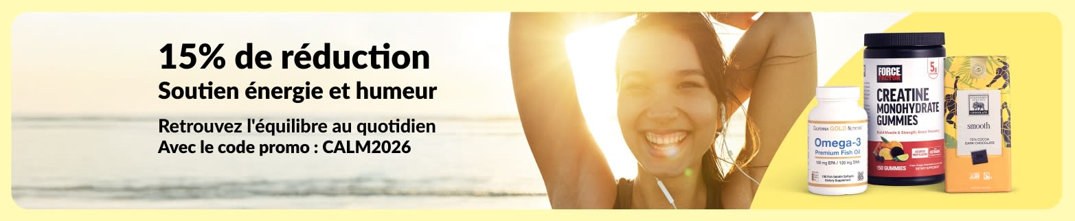 Bannière affichant 15 % de réduction sur les compléments de soutien de l’humeur et de l’énergie, femme souriante à la plage, avec des produits oméga-3 et créatine, code promo CALM2026.