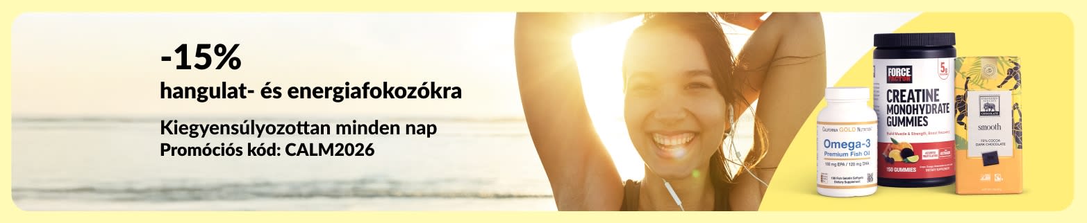 Banner, amely 15% kedvezményt kínál hangulat- és energiafokozókra a CALM2026 kóddal, mosolygó nőt ábrázolva a tengerparton, illetve omega-3 és kreatin termékekkel.