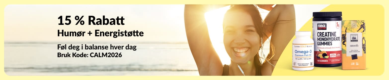 Banner som viser 15 % rabatt på kosttilskudd for humør- og energistøtte, smilende kvinne på stranden, med Omega-3 og kreatinprodukter, kode CALM2026.