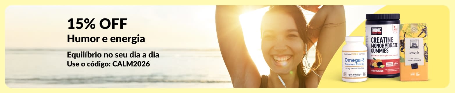 Banner com 15% OFF em suplementos para suporte ao humor e à energia, com mulher sorrindo na praia, destaque para produtos de ômega 3 e creatina e o código CALM2026.