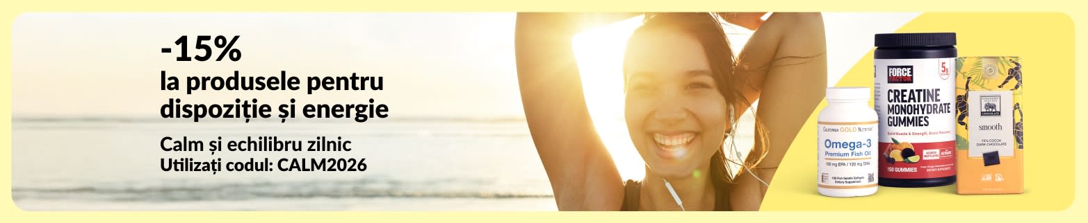 Banner cu -15% la suplimente pentru dispoziție și energie, cu femeie la plajă, cu omega 3 și creatină, cod CALM2026.