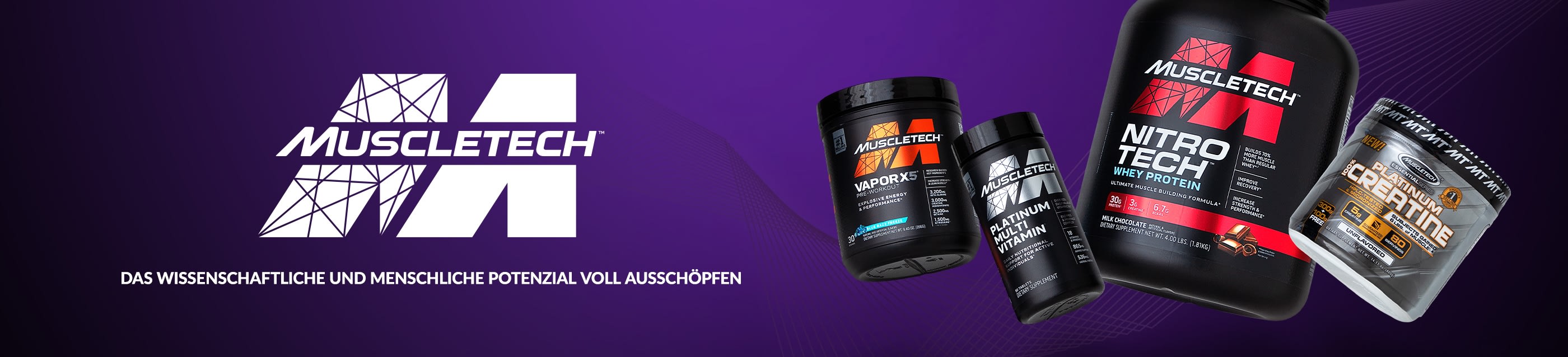 MuscleTech banner featuring Nitro-Tech protein, Vapor X5, Platinum Multivitamin, and Creatine on a purple background.