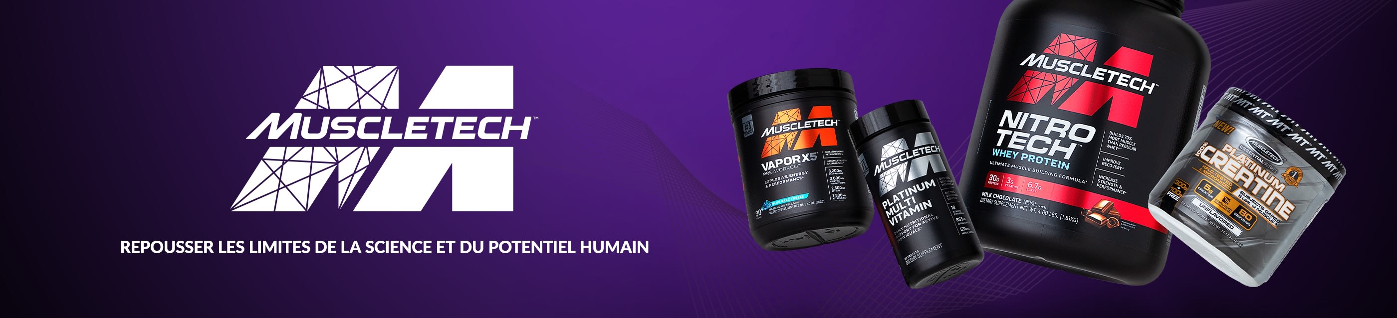 MuscleTech banner featuring Nitro-Tech protein, Vapor X5, Platinum Multivitamin, and Creatine on a purple background.