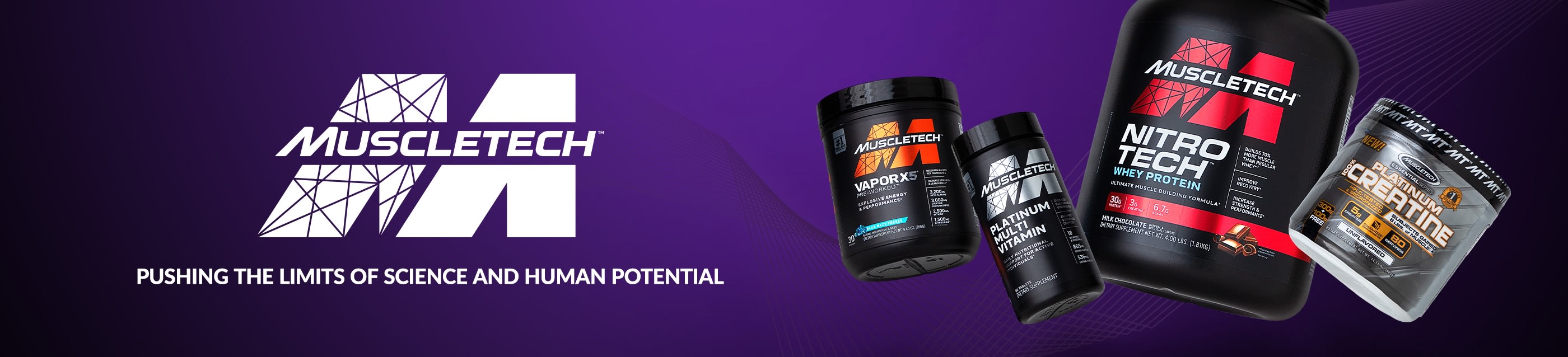MuscleTech banner featuring Nitro-Tech protein, Vapor X5, Platinum Multivitamin, and Creatine on a purple background.