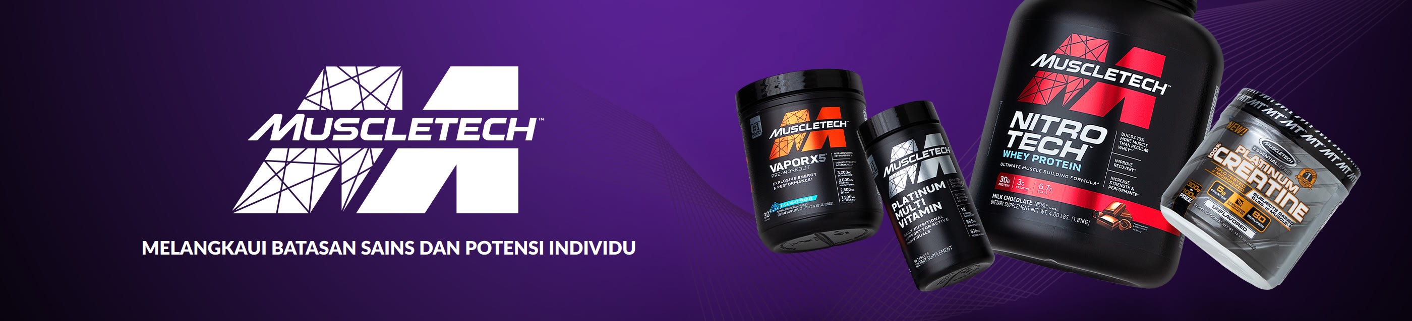 Sepanduk MuscleTech yang memaparkan protein Nitro-Tech, Vapor X5, Multivitamin Platinum dan Creatine pada latar belakang ungu.