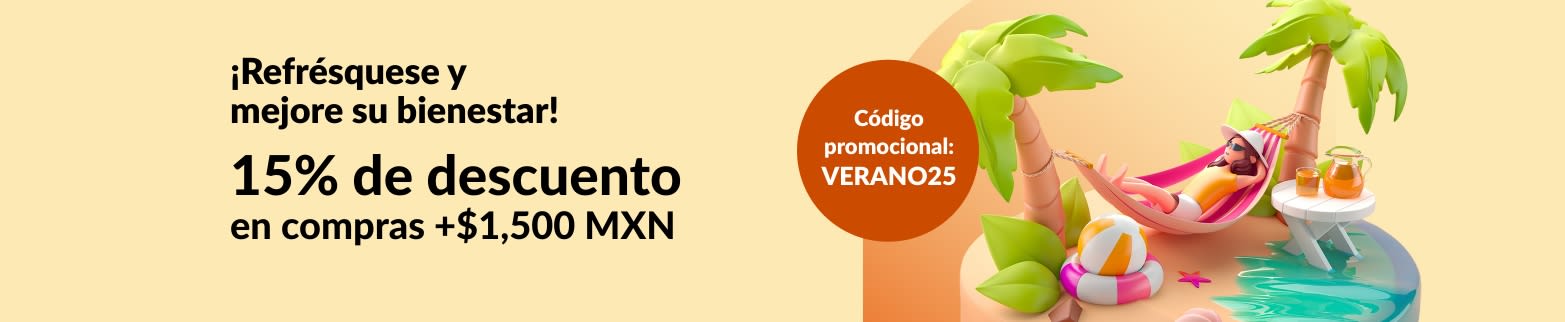 Paisaje de verano con una hamaca y bebidas refrescantes. Ahorre 15% en compras superiores a $1,500 MXN. Código: VERANO25.