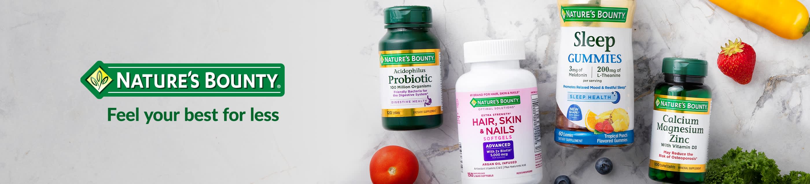 Nature’s Bounty banner featuring probiotics, sleep gummies, and hair, skin & nails supplements with slogan “Feel your best for less.