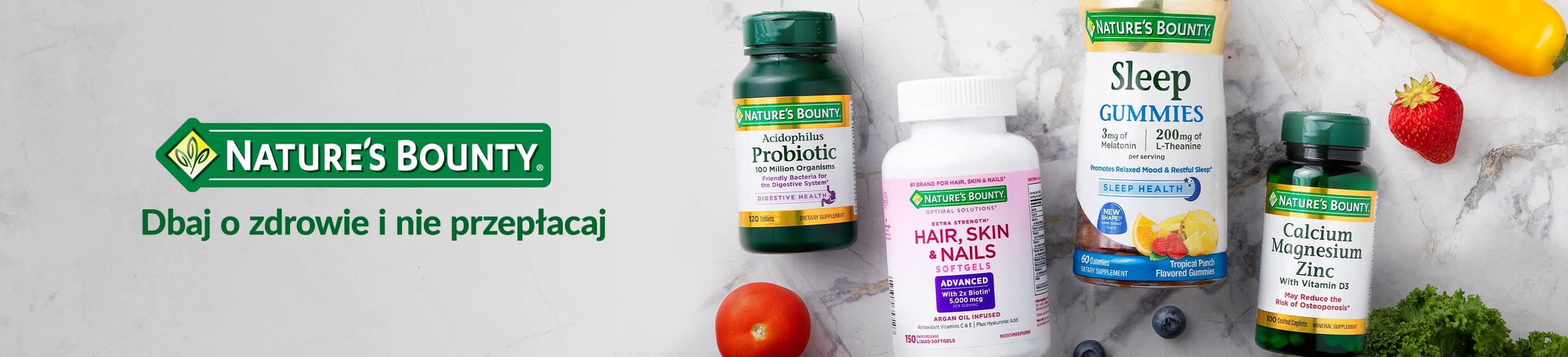 Nature’s Bounty banner featuring probiotics, sleep gummies, and hair, skin & nails supplements with slogan “Feel your best for less.