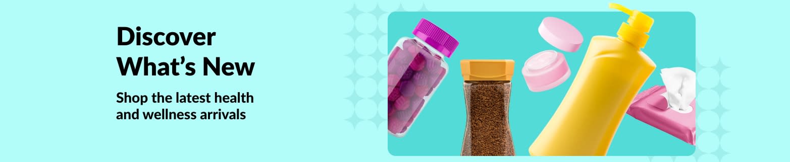 iHerb banner promoting new health and wellness arrivals, featuring vitamins, lotion, wipes, and skincare products.