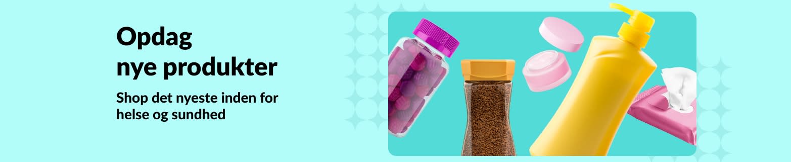iHerb-banner, der promoverer nye produkter inden for sundhed og velvære, med vitaminer, cremer, vådservietter og hudplejeprodukter.
