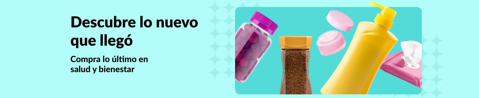 Banner de iHerb promocionando lo recién llegado en salud y bienestar, con vitaminas, loción, toallitas y productos para el cuidado de la piel.