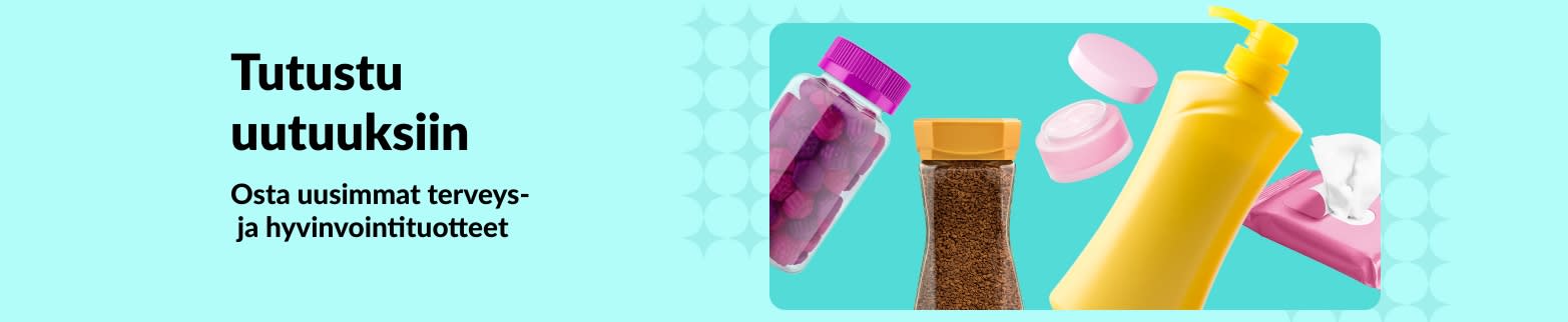 iHerb-banneri, joka mainostaa uusia terveys- ja hyvinvointituotteita, kuten vitamiineja, voiteita, kosteuspyyhkeitä ja ihonhoitotuotteita.