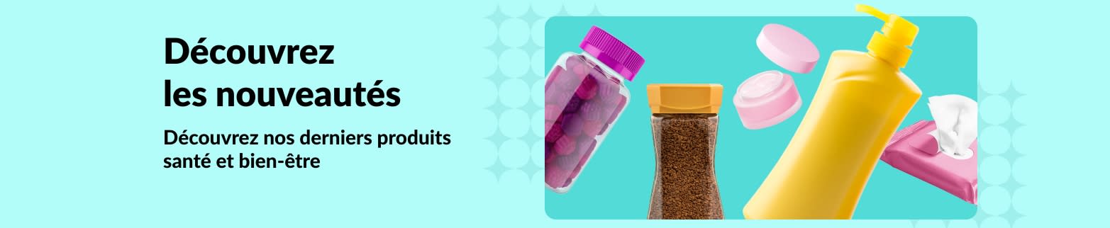 Bannière iHerb faisant la promotion des nouveaux produits de santé et de bien-être, notamment des vitamines, des lotions, des lingettes et des produits de soin pour la peau.
