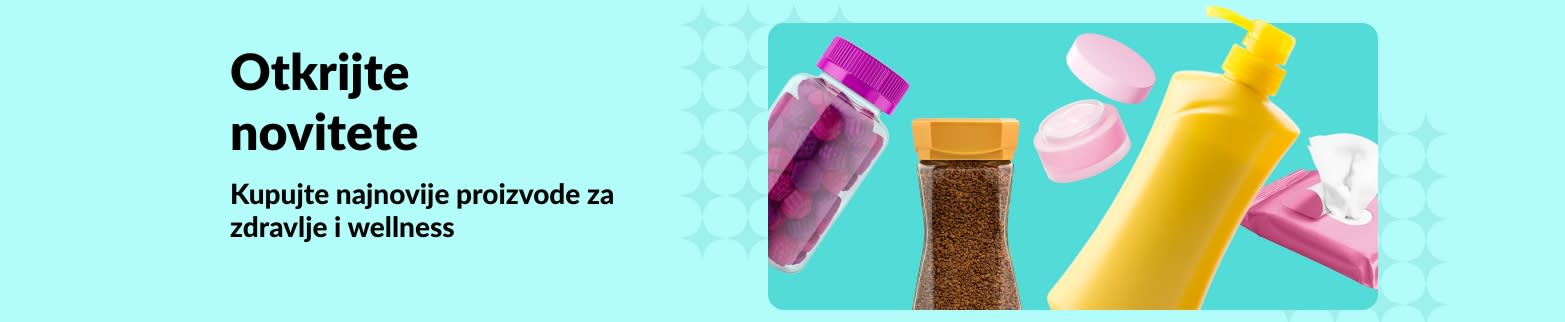iHerb banner koji promovira nove proizvode za zdravlje i wellness, uključujući vitamine, losione, vlažne maramice i proizvode za njegu kože.