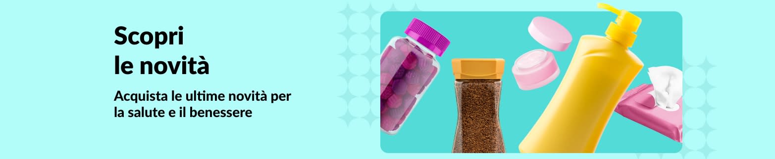 Banner iHerb che promuove i nuovi arrivi nel campo della salute e del benessere, con vitamine, lozioni, salviette e prodotti per la cura della pelle.
