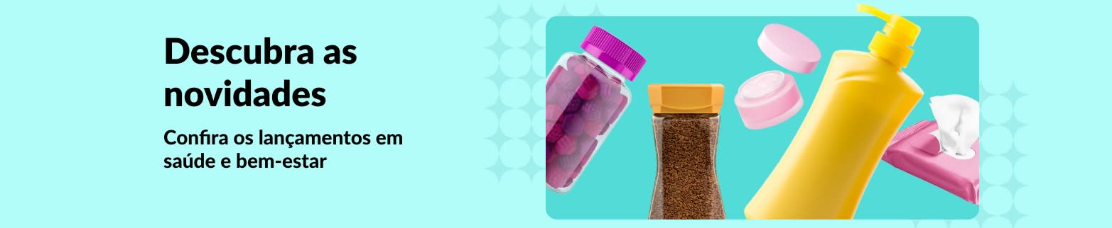 Banner da iHerb promovendo lançamentos de saúde e bem-estar, com destaque para vitaminas, loções, lenços umedecidos e produtos para cuidados com a pele.
