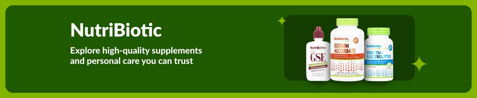 NutriBiotic banner featuring GSE, Sodium Ascorbate and Essential Electrolytes with message promoting high-quality supplements and personal care.