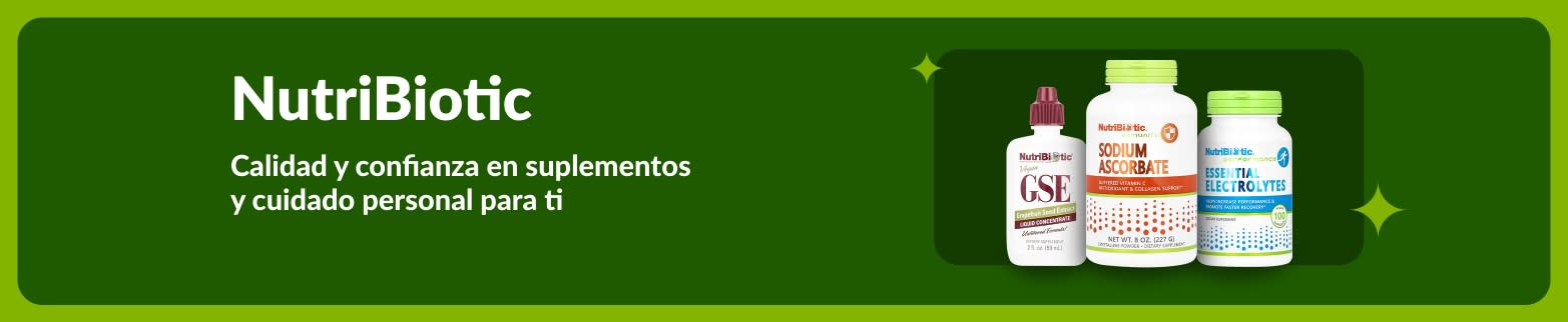 Banner de NutriBiotic: productos de cuidado personal y suplementos de alta calidad, incluyendo GSE, ascorbato de sodio y electrolitos esenciales.