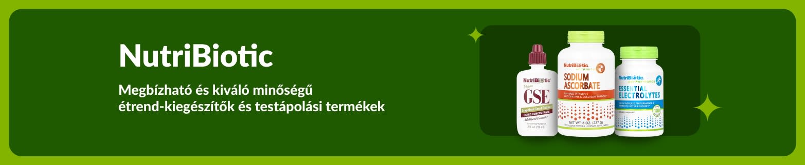NutriBiotic banner GSE-vel, nátrium-aszkorbáttal és esszenciális elektrolitokkal, amely kiváló minőségű táplálékkiegészítőket és testápolási termékeket népszerűsít.