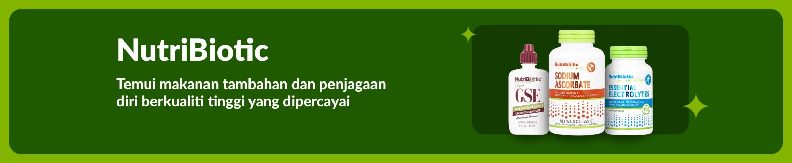 Sepanduk NutriBiotic banner dengan GSE, Sodium Ascorbate dan Essential Electrolytes dengan mesej mempromosi makanan tambahan dan penjagaan diri bermutu tinggi.