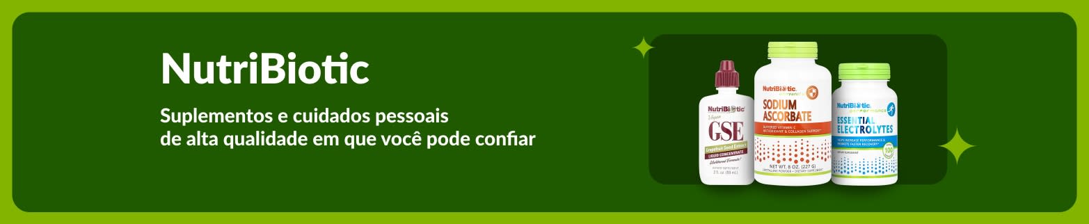 Banner da NutriBiotic com GSE, Sodium Ascorbate e Essential Electrolytes, destacando a mensagem de suplementos e cuidados pessoais de alta qualidade.