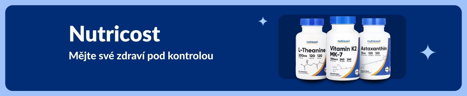Banner značky Nutricost s doplňky stravy L-theaninem, vitamínem K2 a astaxantinem se sloganem „Převezměte kontrolu nad svým zdravím“.