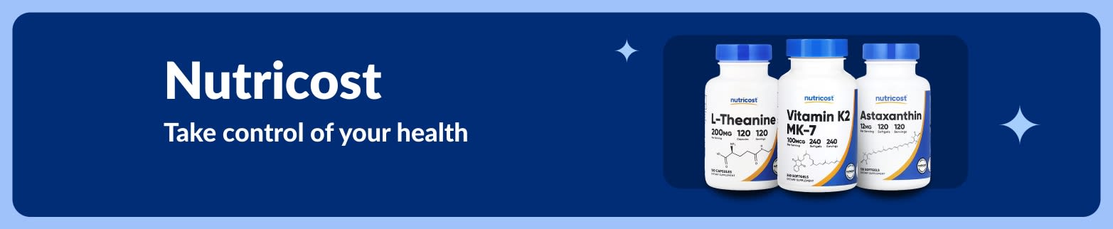 Nutricost banner featuring L-Theanine, Vitamin K2 and Astaxanthin supplements with slogan “Take control of your health.”