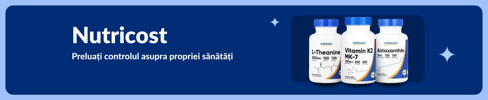 Banner Nutricost cu L-teanină, vitamina K2 și astaxantină, cu sloganul „Preluați controlul asupra propriei sănătăți”.