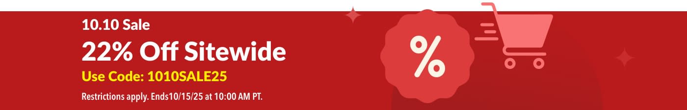 iHerb 10.10 Sale banner with 22% off sitewide and promo code 1010SALE25 on a red background with shopping cart icon.