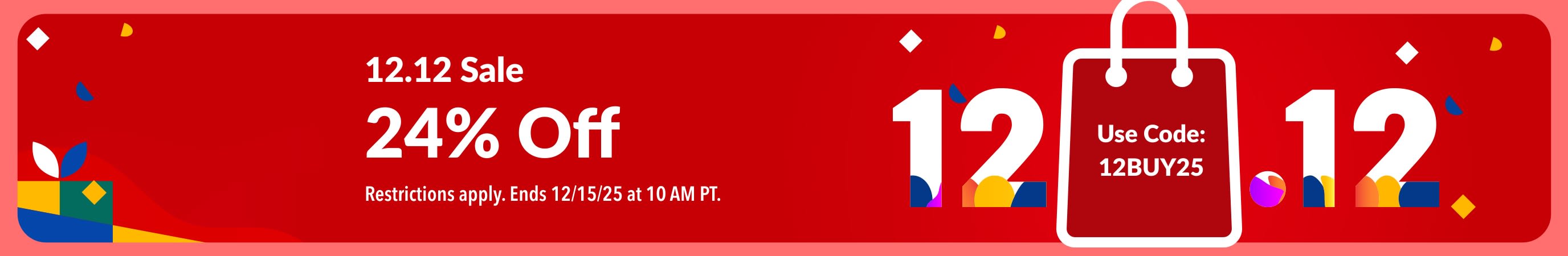 iHerb 12.12 Sale banner offering 24% off with promo code 12BUY25 on a festive red background with gift and confetti graphics.