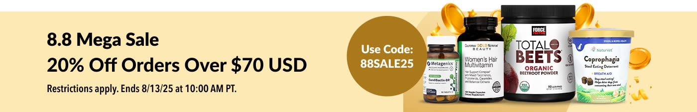 8.8 Mega Sale: Get 20% off orders over $70 USD with code 88SALE25; includes supplements and wellness products.