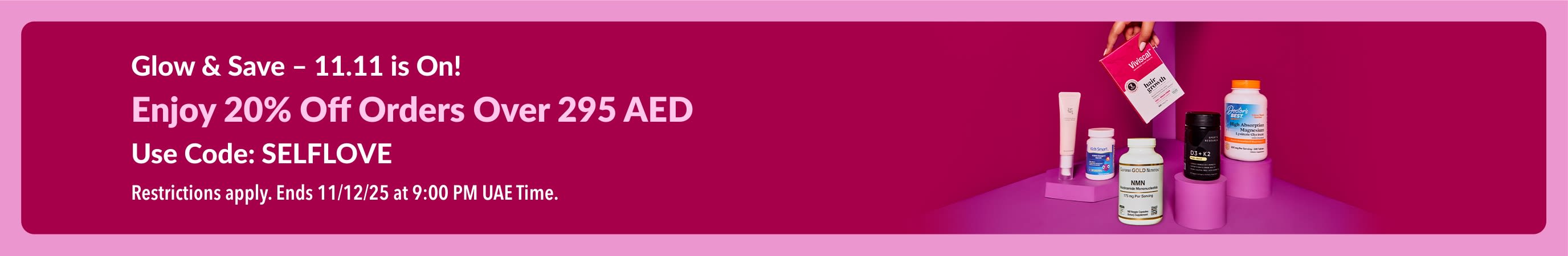 iHerb banner promoting the 11.11 Glow & Save Sale. 20% Off Over 295 AED. Use code: SELFLOVE