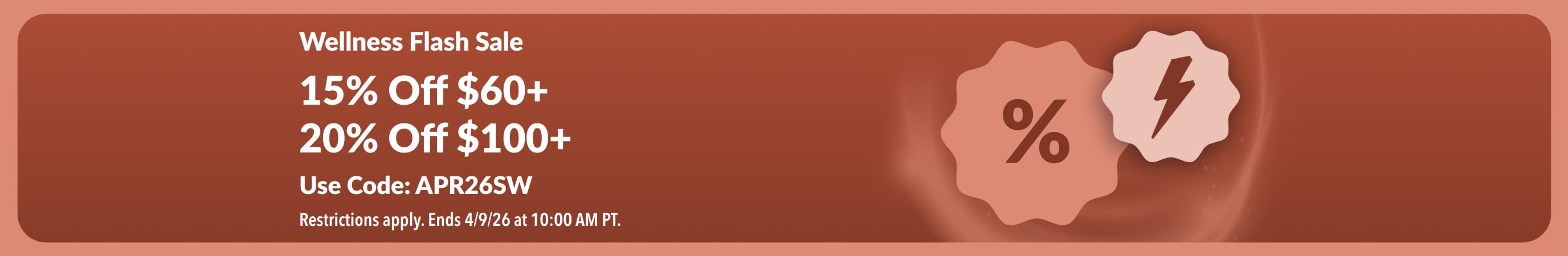 iHerb wellness flash sale banner offering 15% off $60+ and 20% off $100+ with code APR26SW.