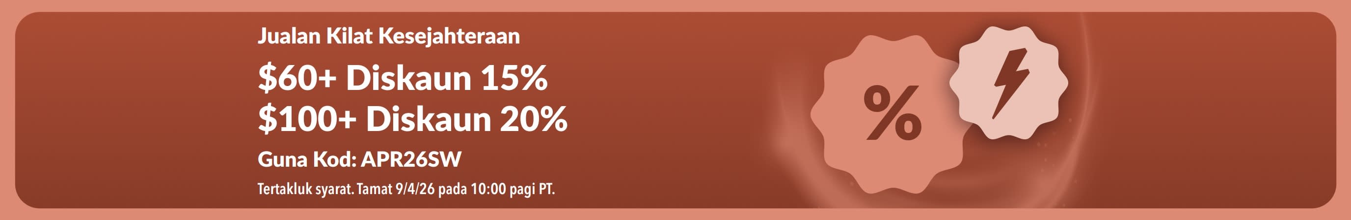 Sepanduk jualan kilat kesejahteraan iHerb menawarkan $60+ diskaun 15% dan $100+ diskaun 20% dengan kod APR26SW.