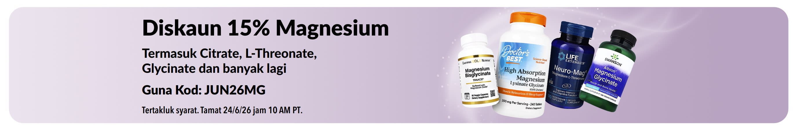Sepanduk promosi menawarkan diskaun 15% suplemen magnesium.