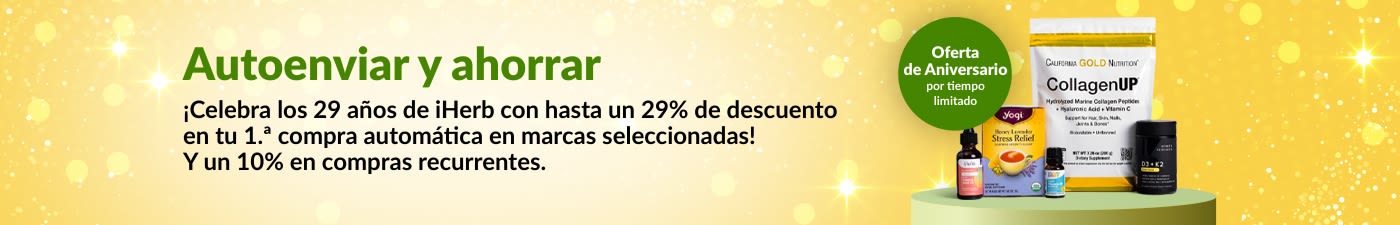 Autoenviar y ahorrar. ¡Celebra los 29 años de iHerb con hasta 29% de descuento en tu 1.ª compra automática de algunas marcas!