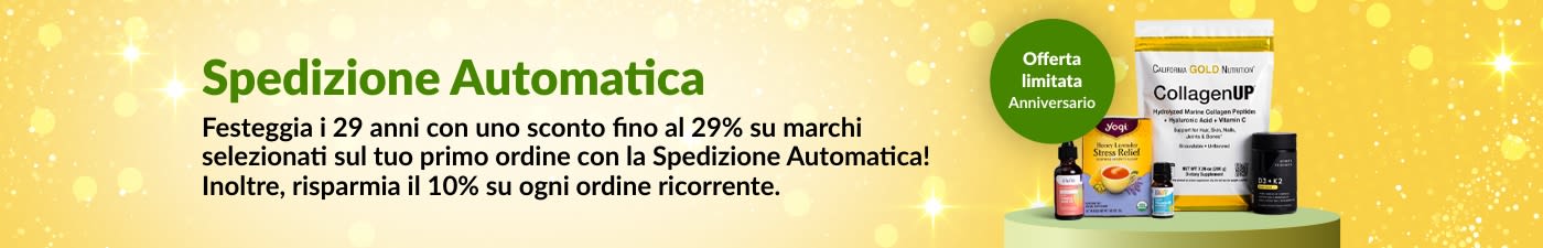 Spedizione Automatica. Festeggia i 29 anni di iHerb con uno sconto fino al 29% su marchi selezionati sul tuo primo ordine con la Spedizione Automatica!
