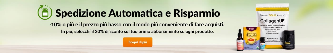 Autoship & Save. Risparmia il 10% o più e ottieni il prezzo più basso con il nostro modo più conveniente di fare acquisti. In più, sblocca il 20% di sconto sul primo abbonamento per ogni prodotto.