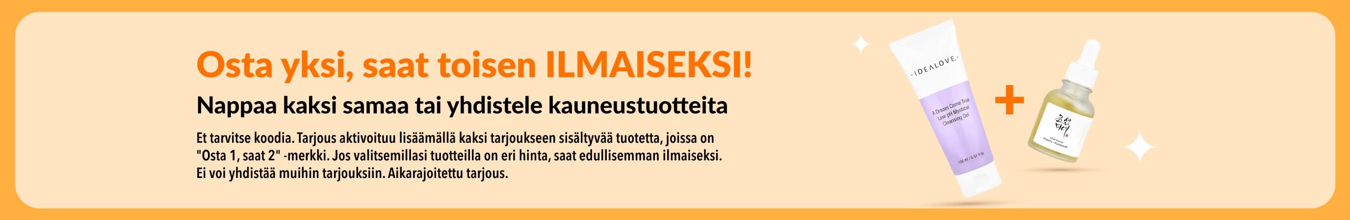 Osta 1, saat 2 -kauneustarjous, kuvassa ihonhoitotuotteita ja kehotus yhdistellä kauneussuosikkeja.