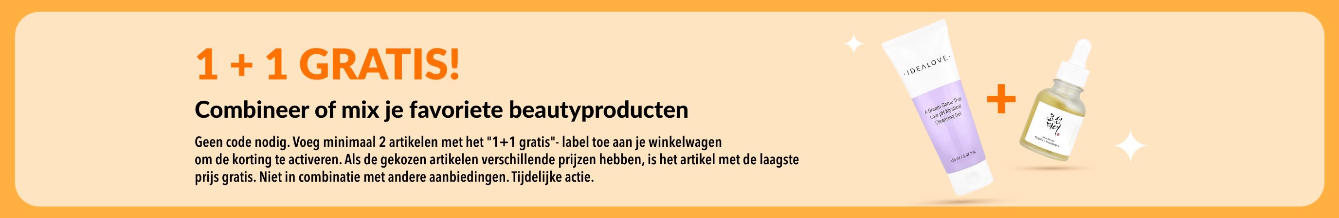 Koop één beautyproduct en krijg de tweede gratis! Profiteer van deze 1 + 1 gratis actie met huidverzorgingsproducten en een mix-and-match actie voor je favoriete beautyproducten.
