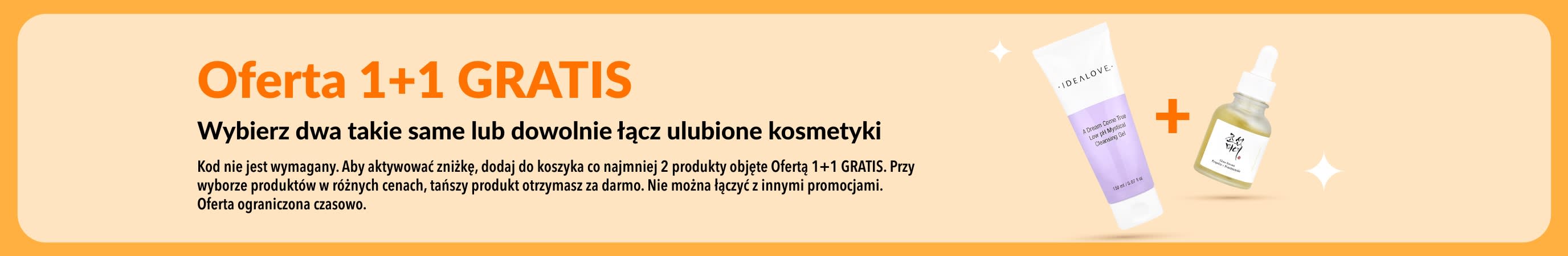 Wyprzedaż kosmetyków: Oferta 1+1 GRATIS. Promocja obejmuje produkty do pielęgnacji skóry - wybierz dwa ulubione produkty i zapłać za jeden.