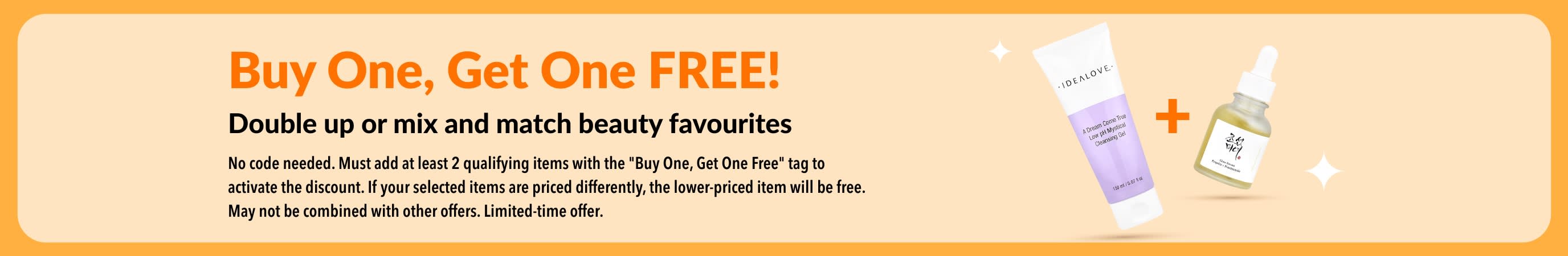 Buy one, get one free beauty sale, featuring skincare products and mix-and-match beauty favourites promotion.