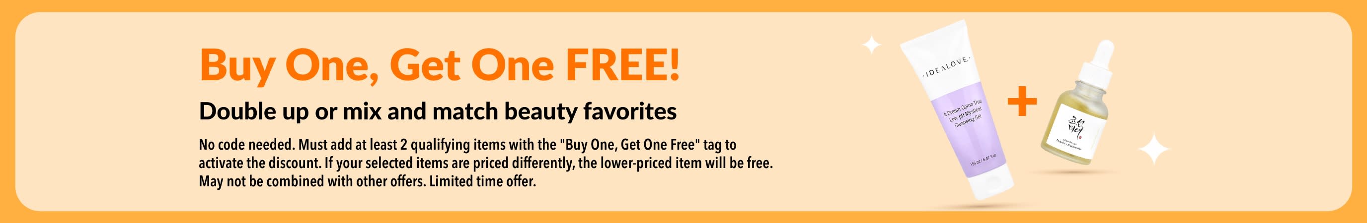Buy one, get one free beauty sale, featuring skincare products and mix-and-match beauty favorites promotion.