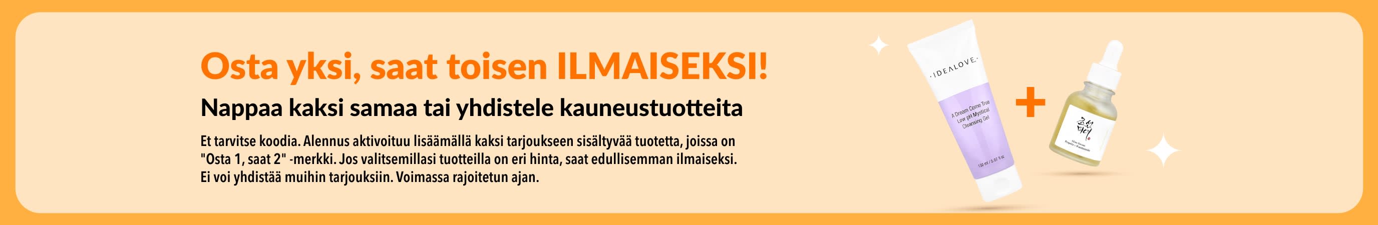Osta 1, saat 2 -kauneustarjous, kuvassa ihonhoitotuotteita ja kehotus yhdistellä kauneussuosikkeja.